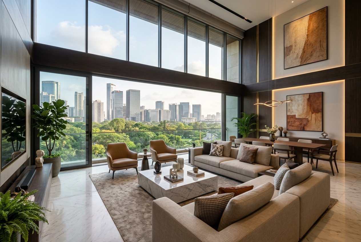 Signia Pearl 4 BHK living room with panoramic city skyline views