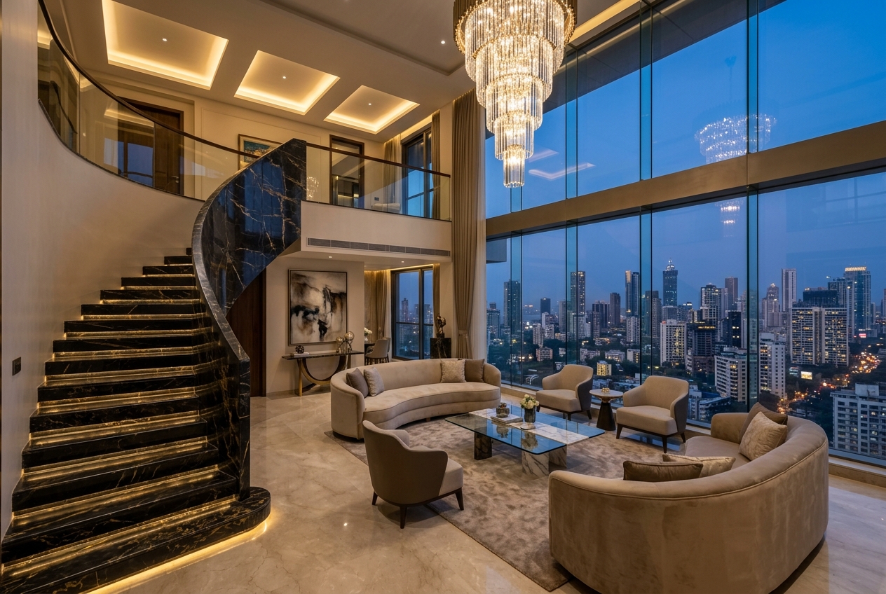 Double-height duplex penthouse with dark marble staircase and city skyline views