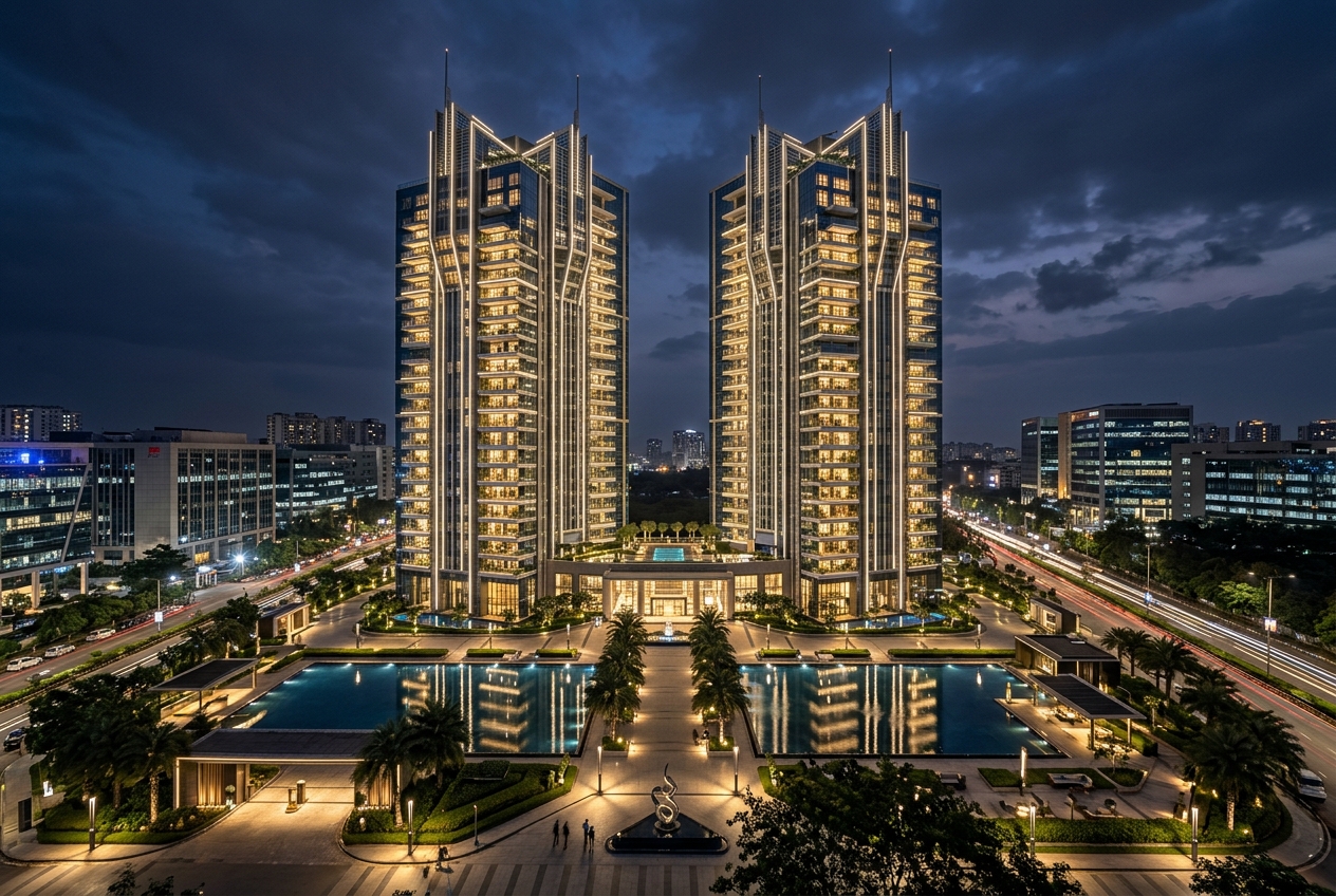 Sunteck BKC Residences twin towers illuminated at night with reflecting pools